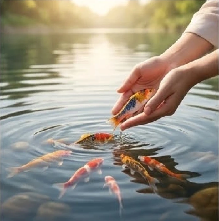Đôi bàn tay nhẹ nhàng thả những chú cá chép nhỏ xuống dòng sông tĩnh lặng để cầu bình an và may mắn cho gia đình