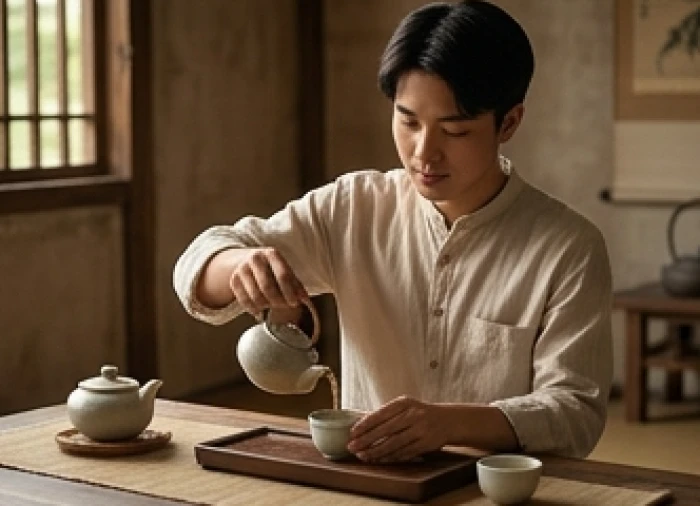 Người trẻ tuổi thưởng trà trong tĩnh lặng giữa không gian mộc mạc để rèn luyện sự kiên nhẫn và điềm đạm