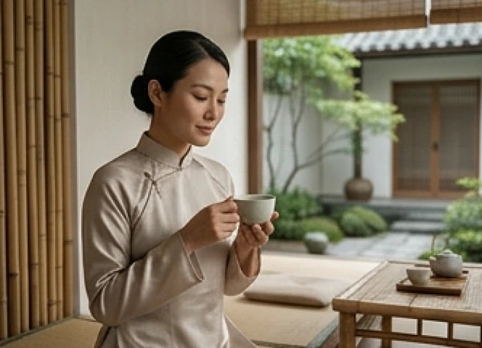 Người mang phong thái điềm đạm tĩnh lặng đang ngồi thưởng trà trong không gian tinh tế