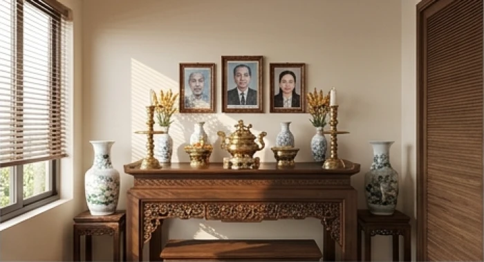 Không gian phòng thờ tĩnh lặng trang nghiêm với nội thất gỗ tự nhiên đón luồng cát khí Phục Vị bình yên