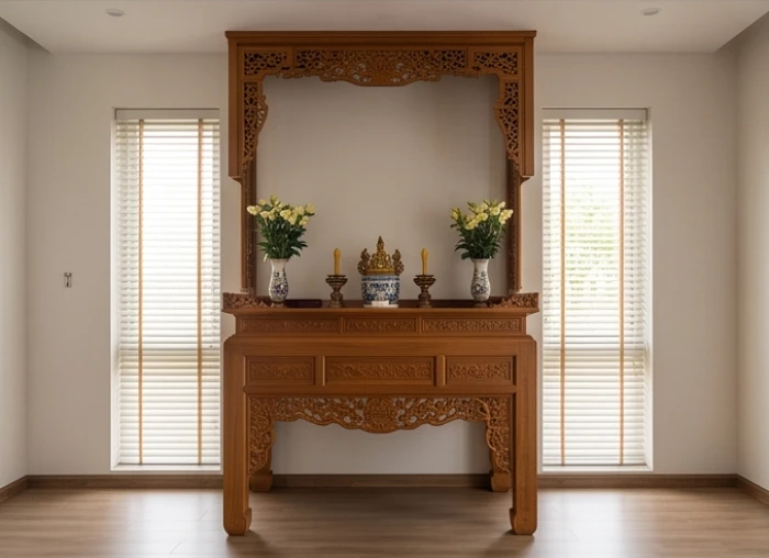 Bàn thờ gia tiên bằng gỗ chạm khắc tinh xảo, tựa lưng vào bức tường đặc vững chãi trong không gian trang nghiêm