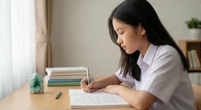Nữ học sinh Canh Dần ôn bài tại bàn học gọn gàng với viên đá phong thủy màu xanh giúp tâm trí an yên và tập trung