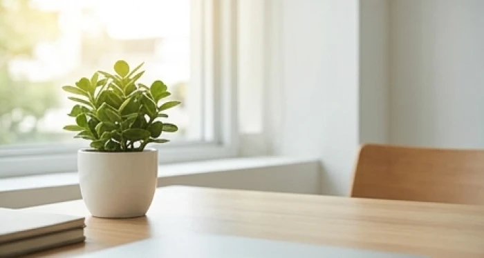 Chậu cây xanh tươi mát đặt gần cửa sổ đón nắng trên bàn làm việc phong thủy của nữ tuổi Sửu