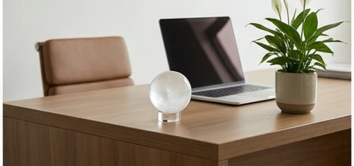 Quả cầu đá thạch anh trắng đặt trên góc phải bàn làm việc giúp ổn định sinh khí và hóa giải tứ hành xung tuổi thìn