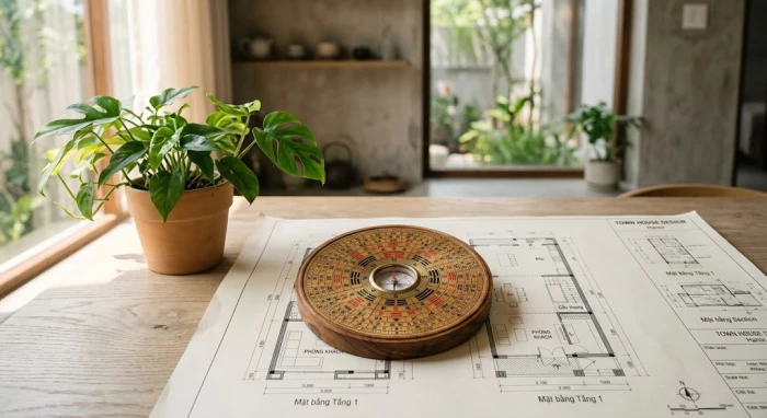 La bàn gỗ đặt trên bản vẽ kiến trúc nhà phố Việt Nam thể hiện khái niệm phong thủy bát trạch là gì trong thiết kế