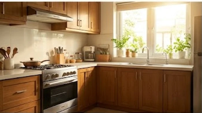 Căn bếp hiện đại có cửa sổ lớn ngập tràn ánh sáng tự nhiên và luồng khí lưu thông tốt