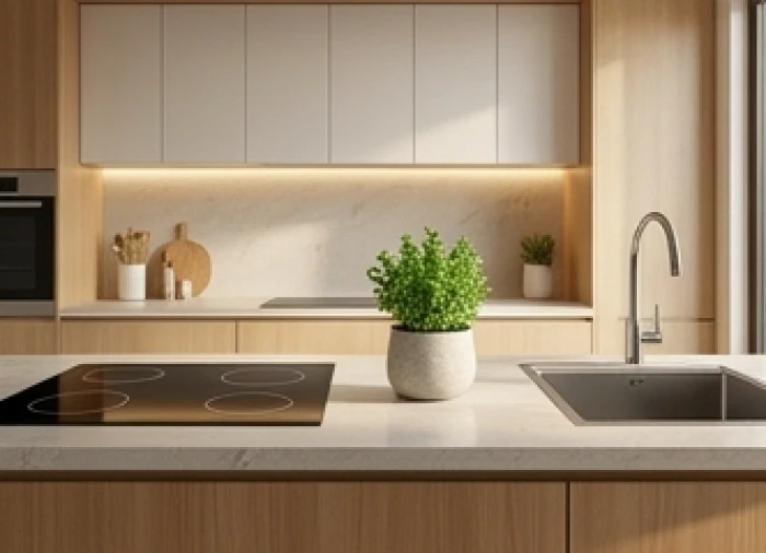 Bếp nấu hiện đại đặt tại cung xấu xoay mặt về hướng cát lành Diên Niên cách bồn rửa bát 60 cm đúng chuẩn phong thủy Kỷ Mão