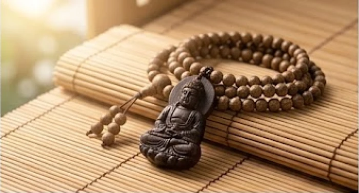 Chuỗi hạt trầm hương và mặt phật bản mệnh tuổi thân trên mặt bàn tre