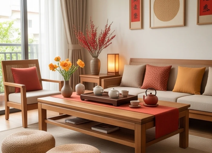 Khung cảnh bàn trà gia đình với vật phẩm phong thủy hành Hỏa hỗ trợ người mệnh Lộ Bàng Thổ