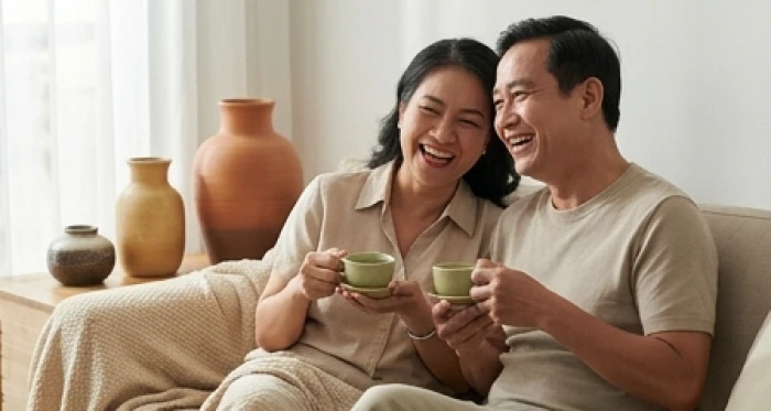 Cặp đôi trung niên tuổi Canh Tuất 1970 thưởng trà bình yên trong không gian phòng khách hợp mệnh Thổ sinh Kim
