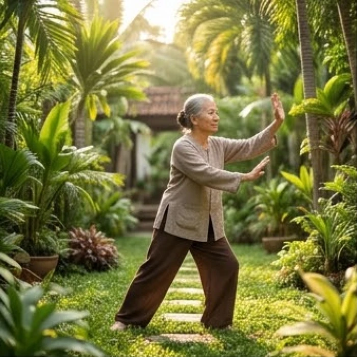Người lớn tuổi thực hành dưỡng sinh nhẹ nhàng tại góc sân vườn tràn ngập ánh nắng ban mai