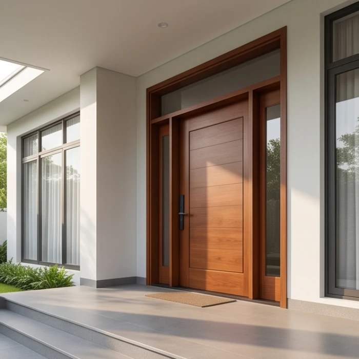 Khu vực cửa chính bằng gỗ lùi sâu vào trong tạo khoảng minh đường rộng rãi đón sinh khí