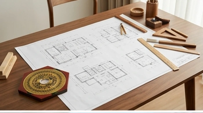 Bản thiết kế công trình nhà ở cùng la bàn phong thủy trên bàn làm việc cho gia chủ chuẩn bị động thổ