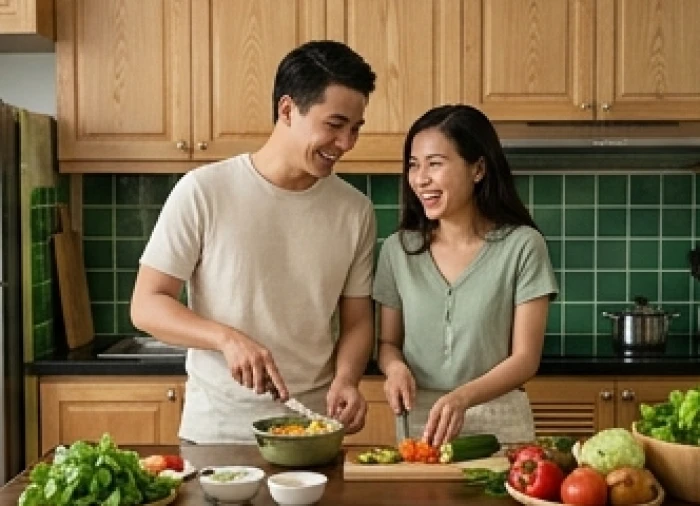 Hai vợ chồng trẻ đang cùng nhau nấu ăn vui vẻ trong không gian bếp ấm cúng với nhiều chi tiết nội thất bằng gỗ