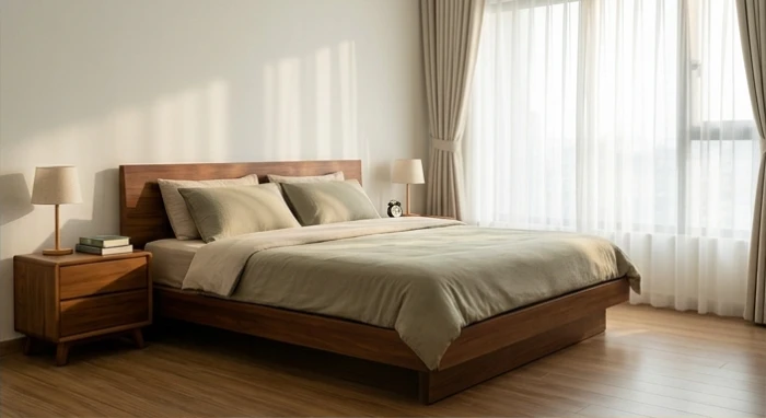 Giường ngủ bằng gỗ tinh tế được bố trí hướng đầu giường hợp phong thủy mang lại sự bình yên