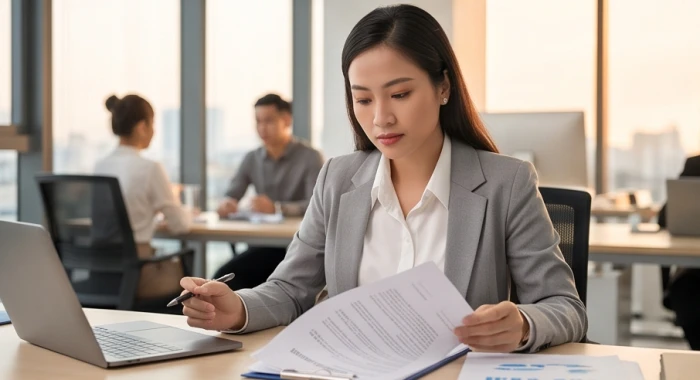 Nữ giới tuổi Canh Thìn trong trang phục công sở màu xám trắng thanh lịch cẩn trọng rà soát hợp đồng