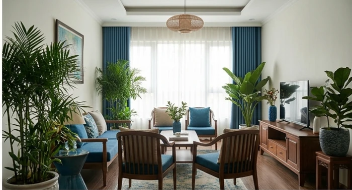 Góc phòng khách gia đình ấm cúng được trang trí cây xanh lục và nội thất hài hòa xoa dịu căng thẳng cho tuổi Mão