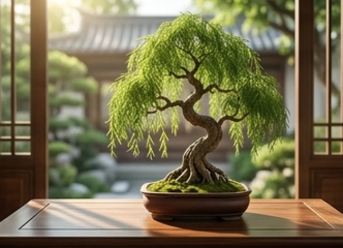 Chậu cây liễu bonsai xanh tươi đặt trên bàn gỗ đại diện cho sức sống mãnh liệt của nạp âm Dương Liễu Mộc