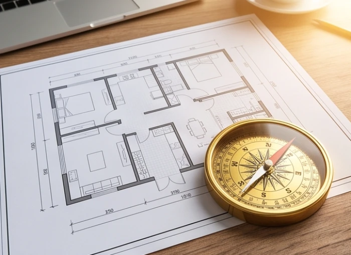 Bản vẽ mặt bằng bố trí cửa chính hướng Đông Nam đón cát khí cho gia chủ nam mạng tuổi Quý Sửu cung Ly