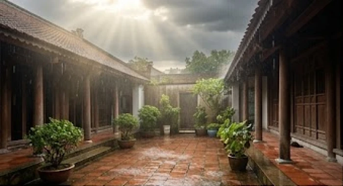 Sự tương khắc ngũ hành giữa cơn mưa lớn Thiên Hà Thủy và ánh nắng Thiên Thượng Hỏa trong không gian tự nhiên