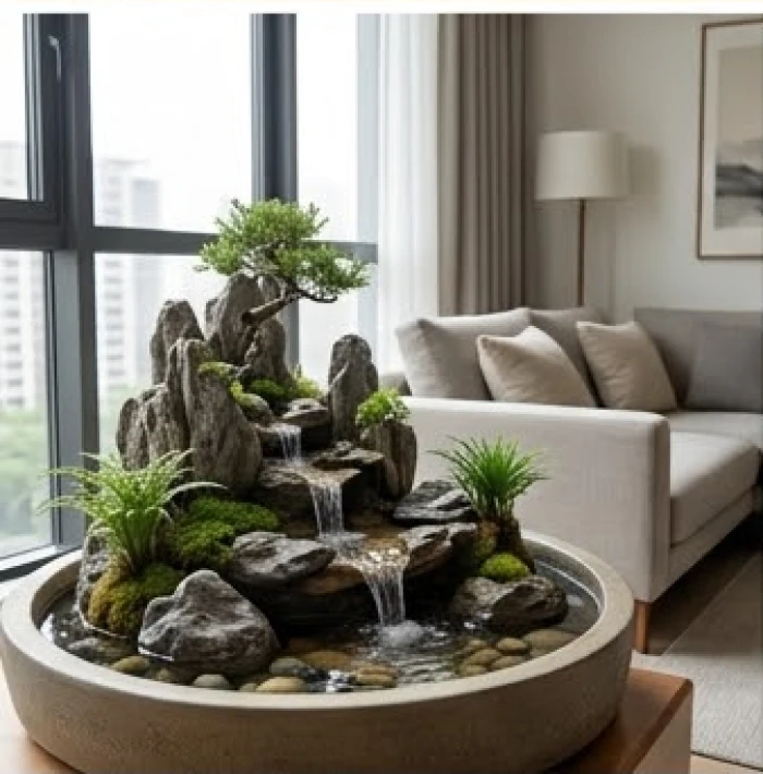 Bố cục tiểu cảnh hòn non bộ tượng trưng cho Sơn Long và Thủy Long giúp kích hoạt tài lộc thịnh vượng