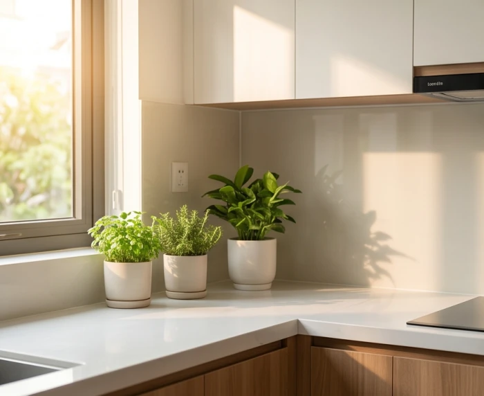Góc bếp gọn gàng đón ánh ban mai rực rỡ tượng trưng cho nguồn năng lượng cát lành