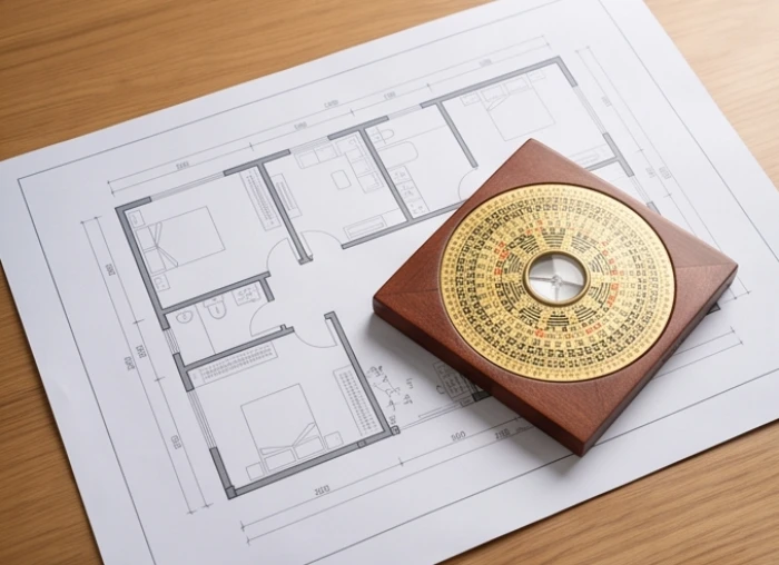 Bản vẽ mặt bằng kết hợp la bàn phong thủy giúp phân định hướng nhà cát tường cho tuổi Quý Tỵ
