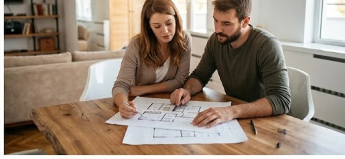 Hai vợ chồng đang cùng nhau xem bản vẽ thiết kế mặt bằng ngôi nhà trên bàn phòng khách