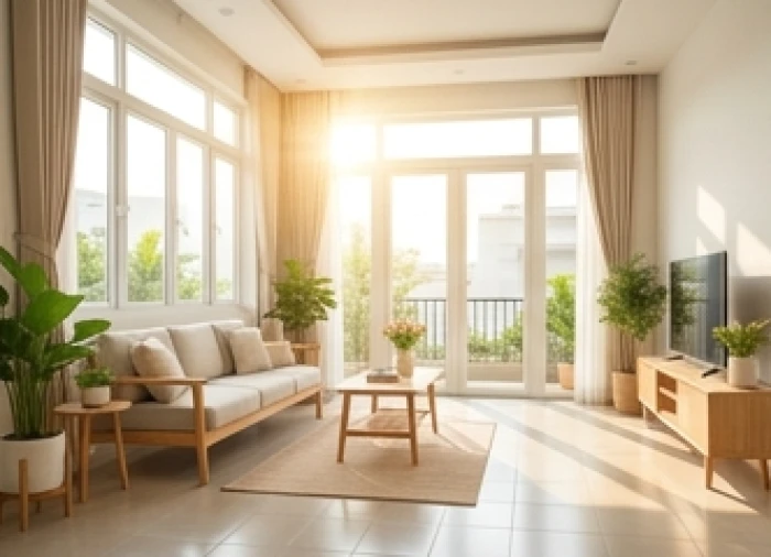Không gian phòng khách ngập tràn ánh sáng mặt trời đại diện cho bản mệnh Thiên Thượng Hỏa của tuổi Mậu Ngọ 1978