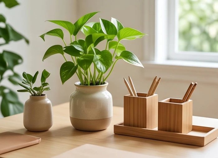 Bàn làm việc của nữ mạng cung Khảm được điểm xuyết cây xanh kim ngân cùng phụ kiện gỗ giúp điều hòa Thủy Hỏa