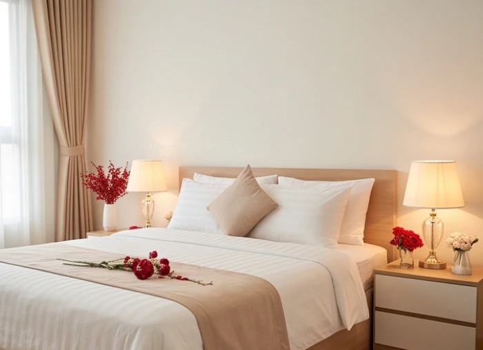 Phòng tân hôn được trang trí trang nhã với bộ ga gối màu hợp bản mệnh và đầu giường kê chuẩn hướng
