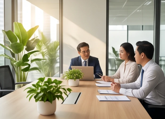 Không gian phòng họp văn phòng được bài trí chậu cây xanh mướt nhằm điều hòa năng lượng giữa các đối tác kinh doanh