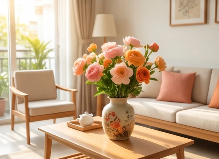 Phòng khách gia đình ngập ánh sáng tự nhiên với bình hoa màu hồng nhạt giúp tăng cường hòa khí