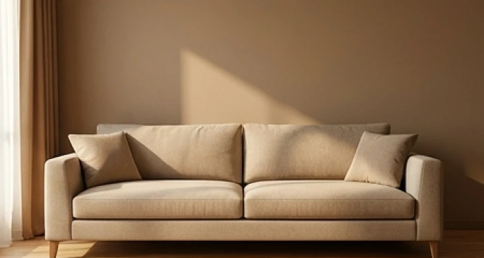 Chiếc ghế sofa màu be êm ái được đặt tựa lưng vững chắc vào bức tường trong phòng khách