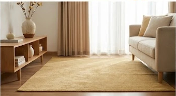 Phòng khách ấm cúng có thảm trải sàn màu vàng cát và chiếc bình gốm