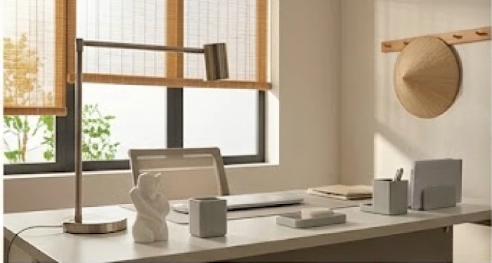 Góc làm việc thiết kế theo phong thủy cho người mệnh Thủy với tông màu xám trắng và đồ trang trí bằng kim loại