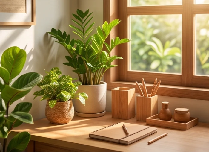 Không gian phòng làm việc bày trí theo phong thủy hành Mộc với cây xanh râm mát và ánh sáng tự nhiên
