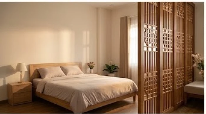 Không gian phòng ngủ yên tĩnh được bố trí tách biệt nhằm đảm bảo giấc ngủ sâu cho người mệnh Thủy