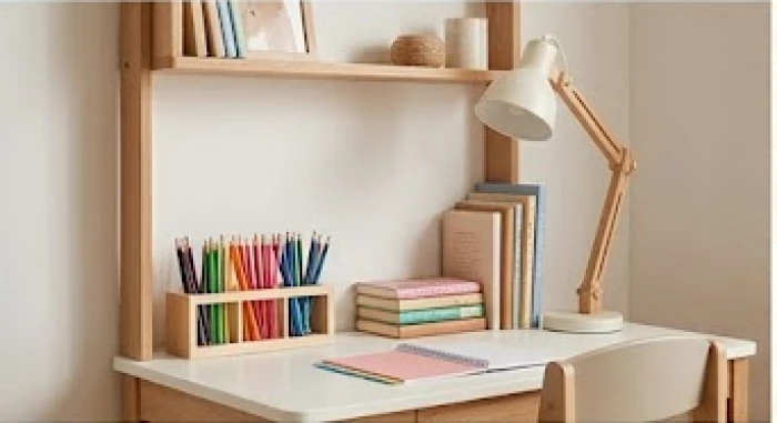 Góc học tập gọn gàng được sắp xếp đúng hướng cho bé gái sinh năm 2018