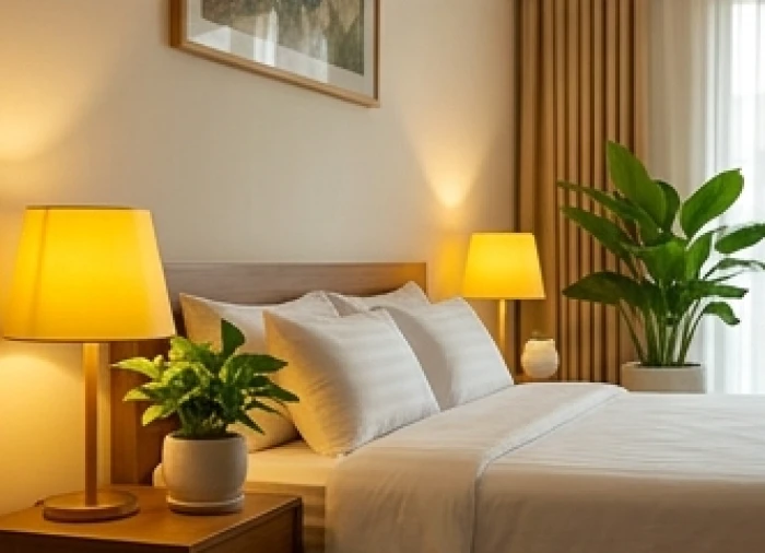 Phòng ngủ bố trí ánh sáng dịu nhẹ cùng chậu cây xanh giúp điều hòa năng lượng cho vợ chồng Bính Dần
