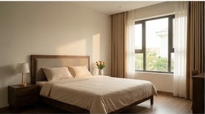 Không gian phòng ngủ rộng rãi với đầu giường kê tựa vào bức tường vững chắc và giữ khoảng cách thông thoáng