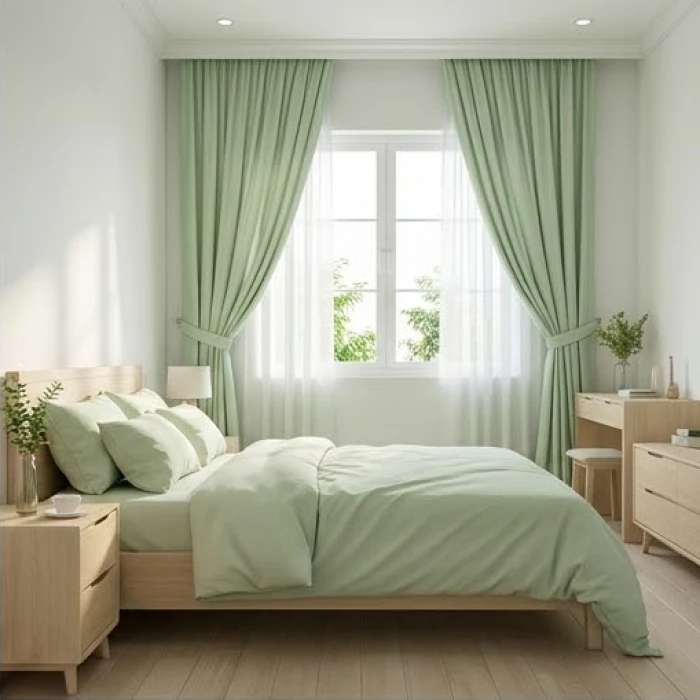 Không gian phòng ngủ thoáng đãng với bộ ga giường màu xanh lá nhạt dành riêng cho người cao tuổi