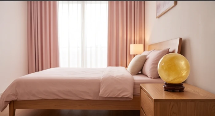 Phòng ngủ vợ chồng bố trí rèm cửa tông hồng ấm áp cùng quả cầu thạch anh vàng hóa giải xung khắc tuổi Tân Sửu 1961