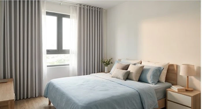 Phòng ngủ được bài trí ngăn nắp với rèm cửa xám nhạt và ga trải giường tông màu dịu êm mang lại bình an