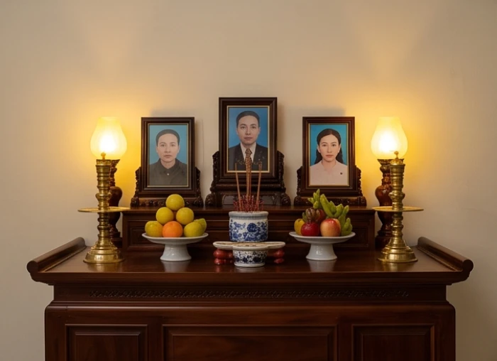 Không gian phòng thờ trang nghiêm với ánh đèn vàng ấm áp và bàn thờ gỗ mộc mạc