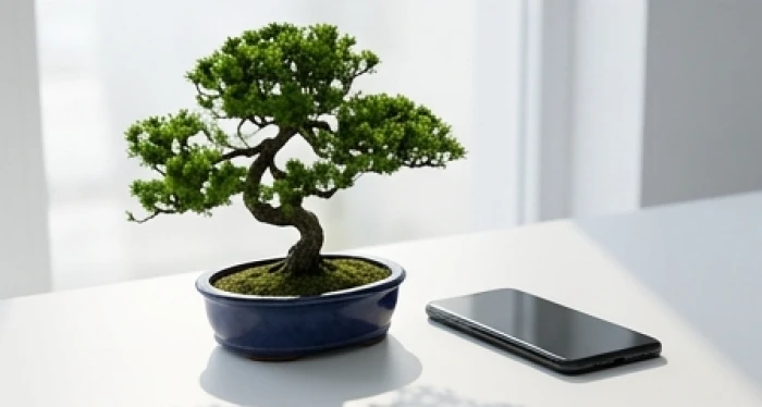 Chậu cây bonsai nhỏ xanh tươi đặt bên cạnh chiếc điện thoại tượng trưng cho năng lượng sinh sôi của mệnh Mộc