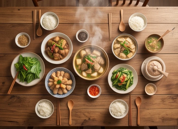 Mâm cơm gia đình ấm cúng với các món ăn Việt Nam được bày trí đẹp mắt trên bàn ăn bằng gỗ sồi