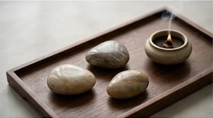 Ba viên đá phong thủy tượng trưng cho tam hợp Hợi Mão Mùi được xếp ngay ngắn trên khay gỗ