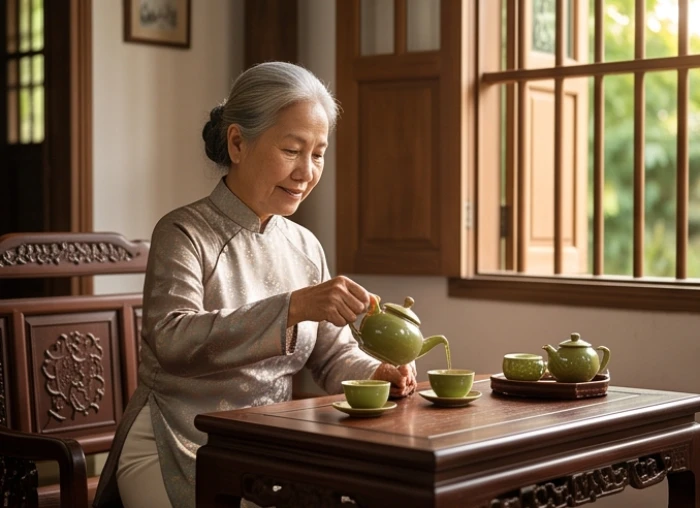 Bà lão tuổi Bính Tuất ngồi thưởng trà thư thái trong không gian phòng khách mang đậm nét truyền thống