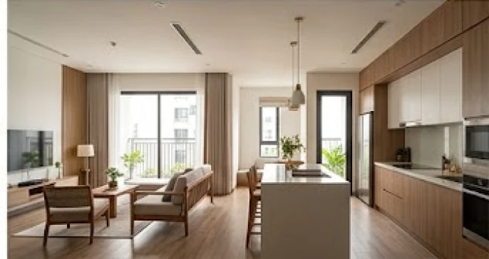 Không gian mở giữa phòng khách và khu vực bếp nấu cân bằng phong thủy cho vợ chồng Đinh Mão